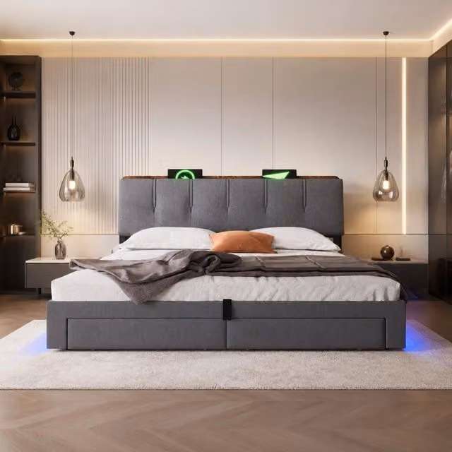 Letto imbottito 180x200 cm grigio con vano idraulico, LED, USB e Type-C