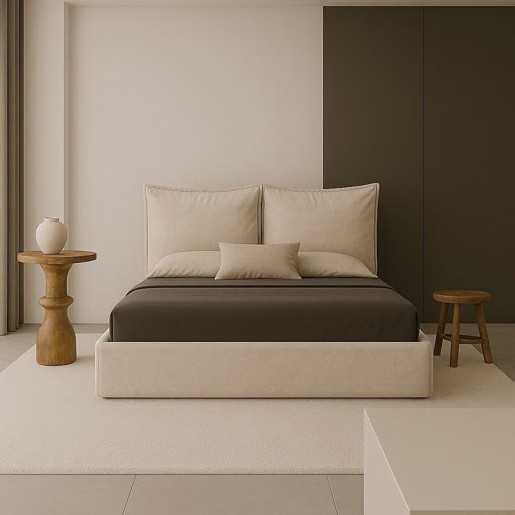 Letto imbottito GUTTO GLAMMY 140x200 con rete a doghe in metallo, tessuto in velluto beige Velvett, con contenitore e spazio portaoggetti