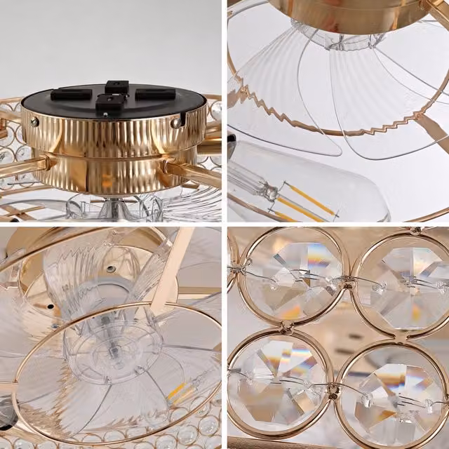 Ventilatore da soffitto a incasso Minimal con cristalli dorati, pale in ABS, luce LED, controllo tramite App e telecomando, 6 velocità e funzione reversibile, colore oro/ottone