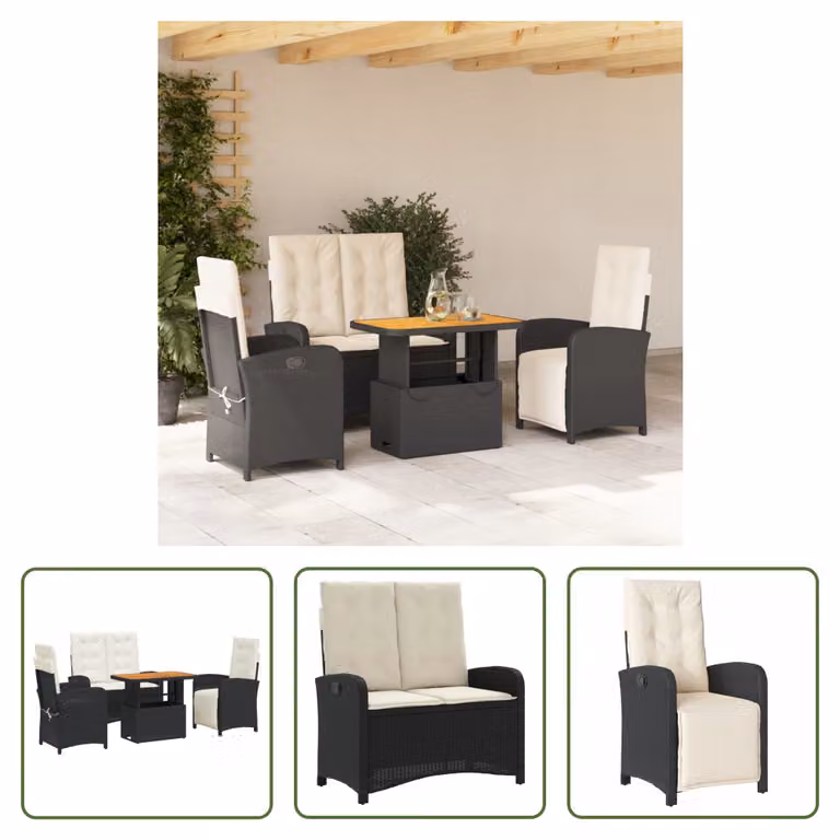 The Living Store Set da pranzo da giardino 4 pezzi con cuscini in poly rattan nero