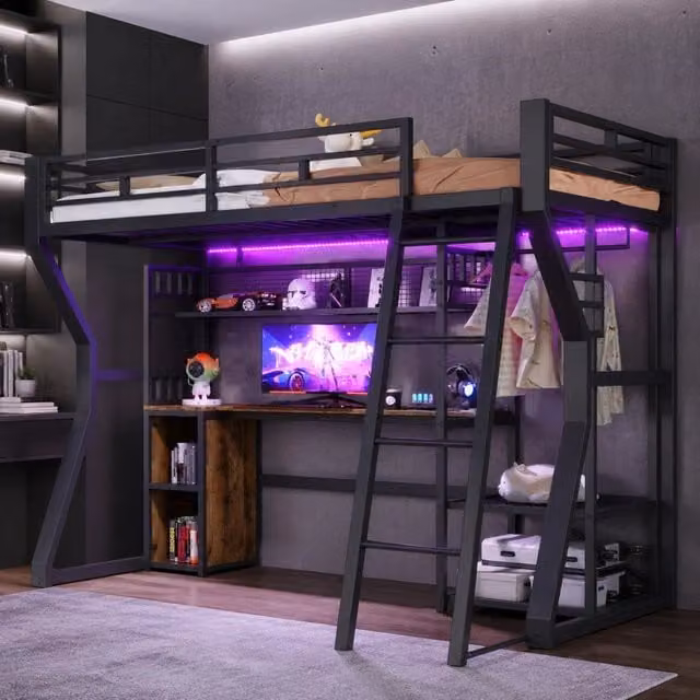 Letto a soppalco in metallo 90x200 cm con scrivania, appendiabiti e illuminazione integrata, nero