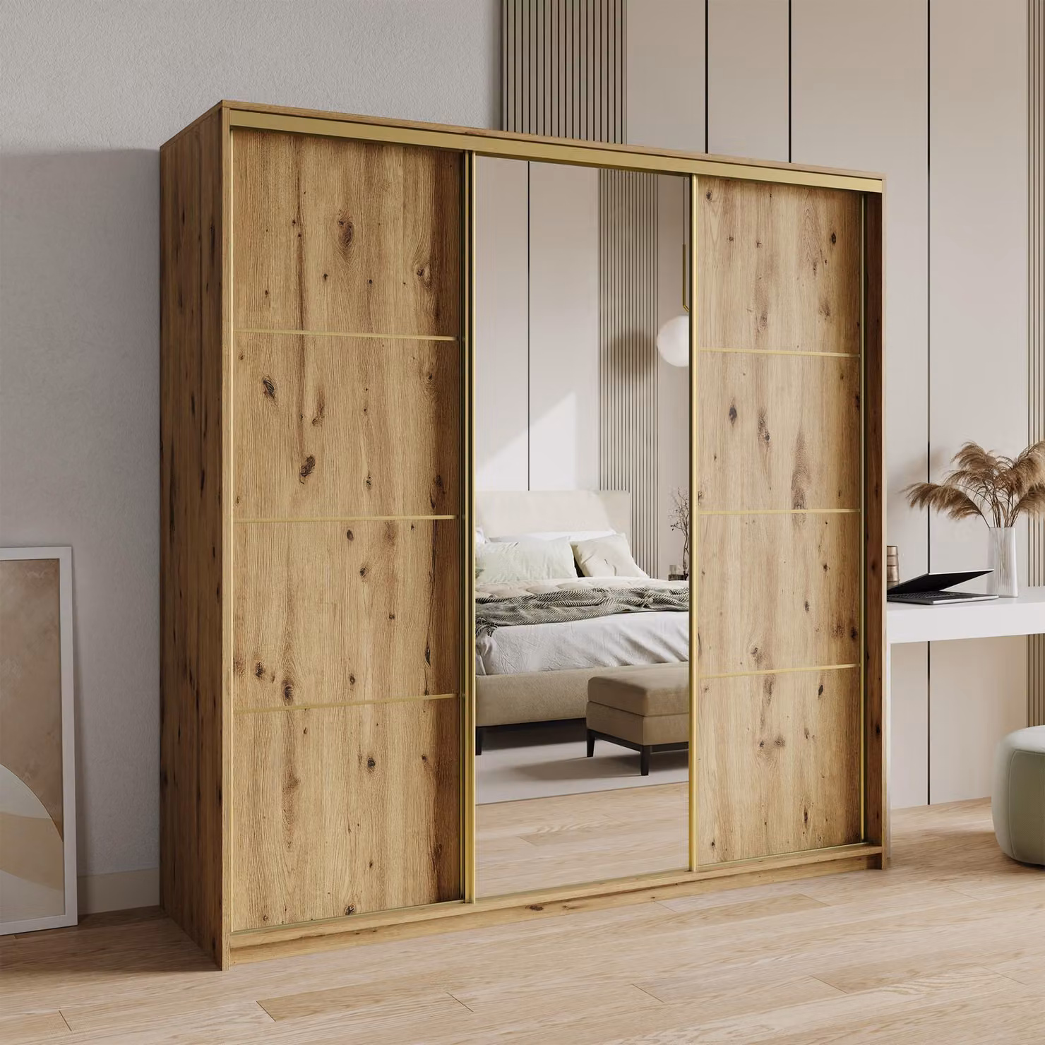 Armadio scorrevole Masseno VARO 180/205/60 cm Armadio con 4 cassetti Armadio per camera da letto a 3 ante con specchio Rovere Artisan