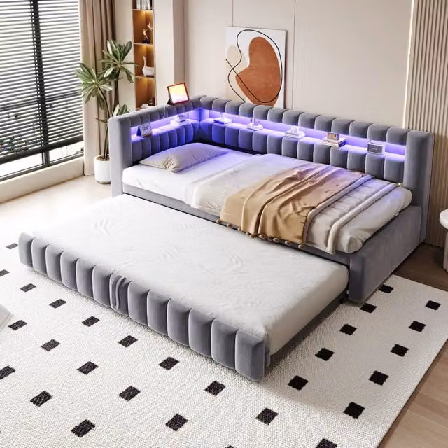 Letto estraibile 90×200 cm e 90×190 cm con LED, mensole, USB e ricarica tipo C, senza materasso, grigio