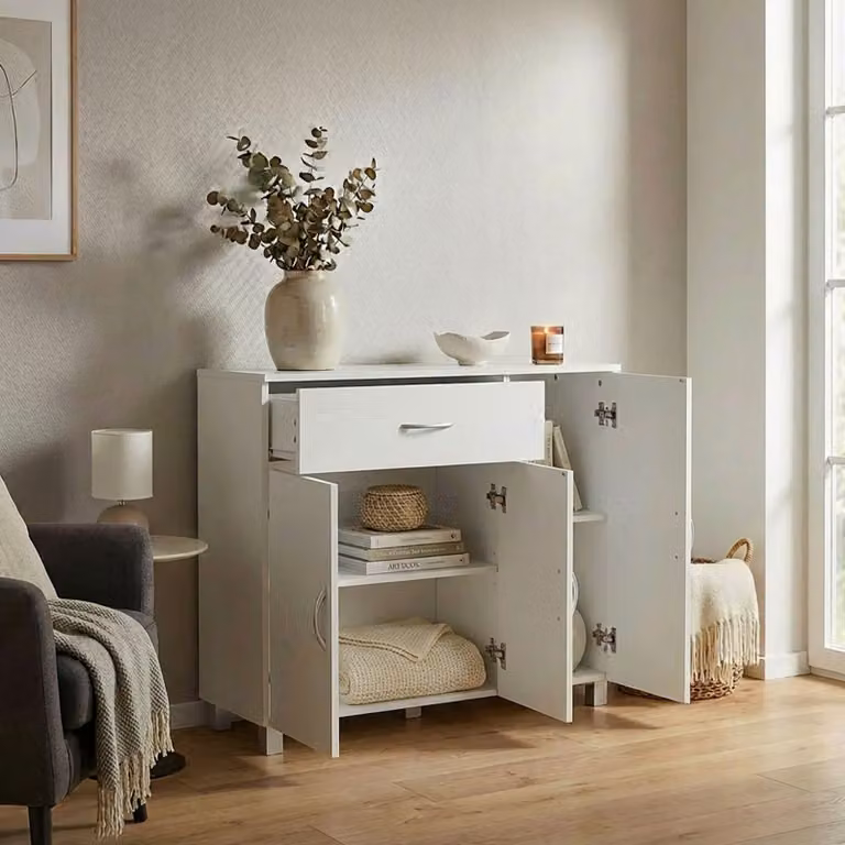FineBuy Credenza bianca SETE 90 x 75 x 30 cm Mobile con 1 cassetto e 3 ante Comò moderno per camera da letto Credenza per sala da pranzo Scarpiera stretta