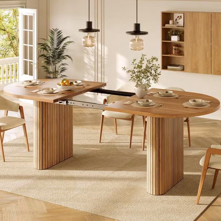 Tavolo allungabile "okwish" per la sala da pranzo o la cucina, con struttura verticale, piano ovale, disponibile in colore marrone