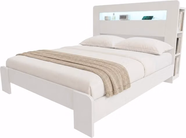 Letto matrimoniale 140x200 cm con testiera contenitore; LED e prese integrate; bianco