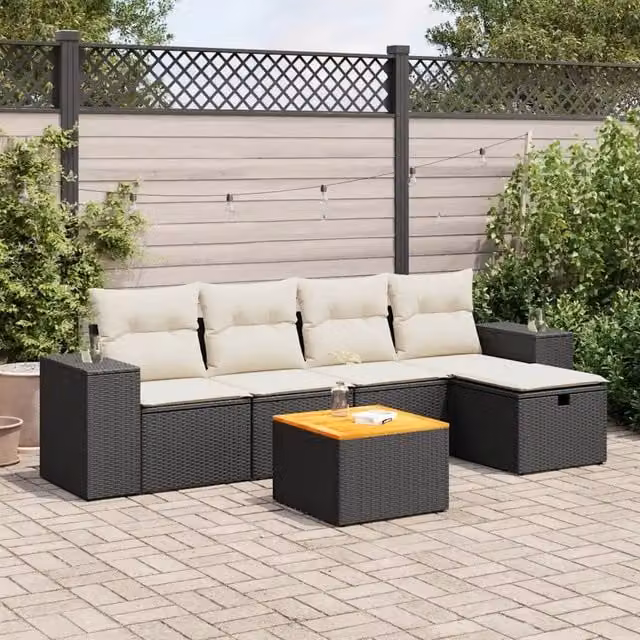 Set Divano da Giardino 6 pz con Cuscini Nero in Polyrattan 3325864
