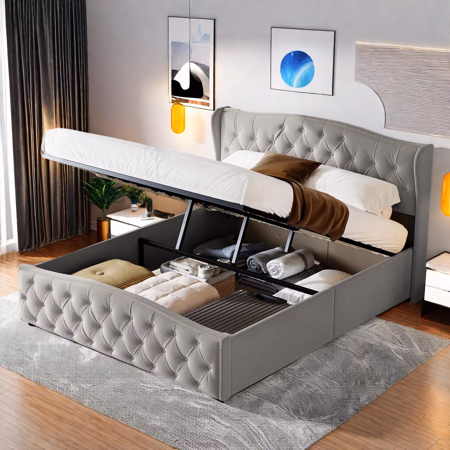 Letto matrimoniale Fortuna Lai 140x200 cm con rete a doghe e giroletto - Letto funzionale idraulico con testata regolabile in altezza, velluto