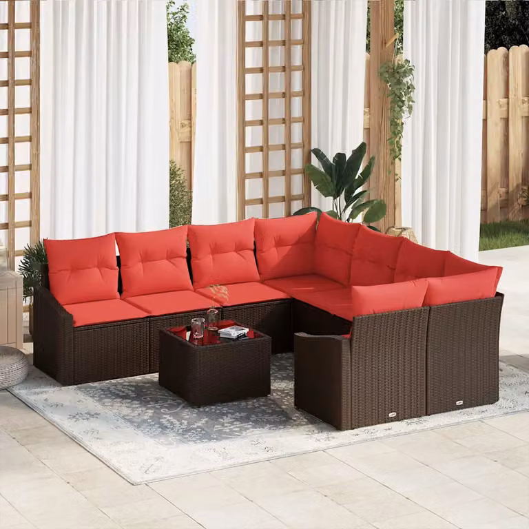 Set di divani da giardino vidaXL in rattan marrone e rosso con 9 pezzi e cuscini inclusi