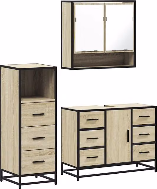Set Mobili da Bagno | Armadio da bagno 3 pz Rovere Sonoma in Legno Multistrato