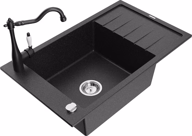Mexen Elias lavello in granito a 1 vasca con scolapiatti e rubinetto da cucina Carla, nero/argento metallizzato