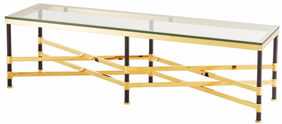 Tavolino Casa Padrino oro/nero 150 x 40 x h. 42,5 cm - Tavolino da salotto con piano in vetro
