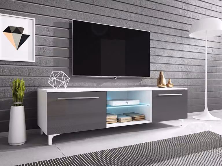 Tavolino per TV su gambe con illuminazione a LED FERNS 13 - bianco / grigio lucido