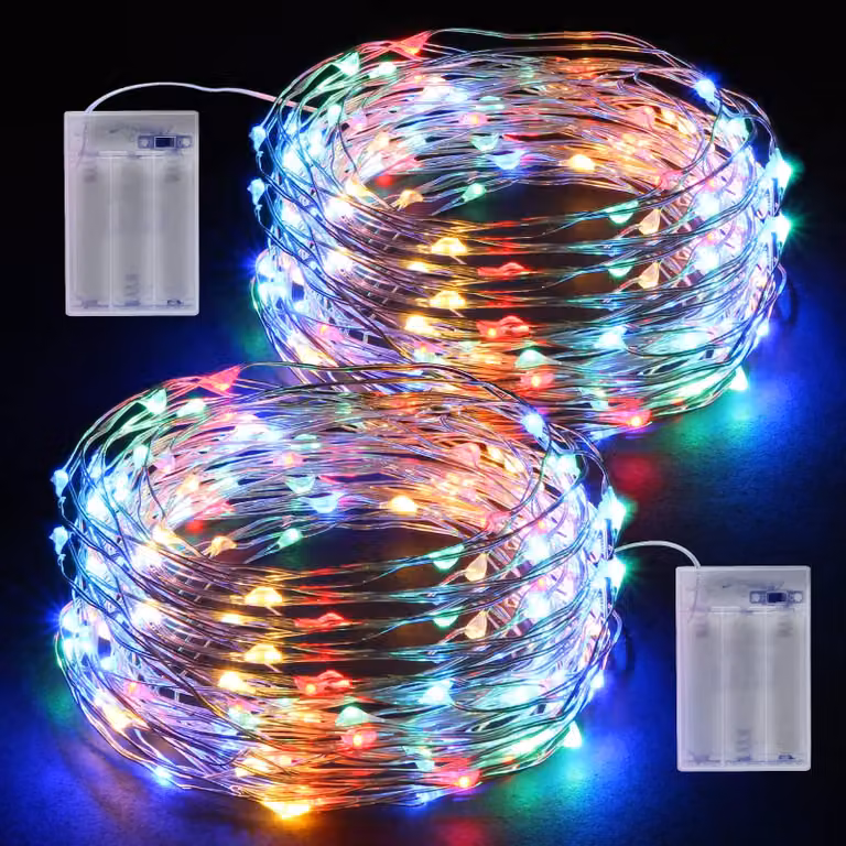 Catena luminosa a LED, 2 x 12 metri, 120 micro-LED colorati, alimentazione a batteria, filo argentato