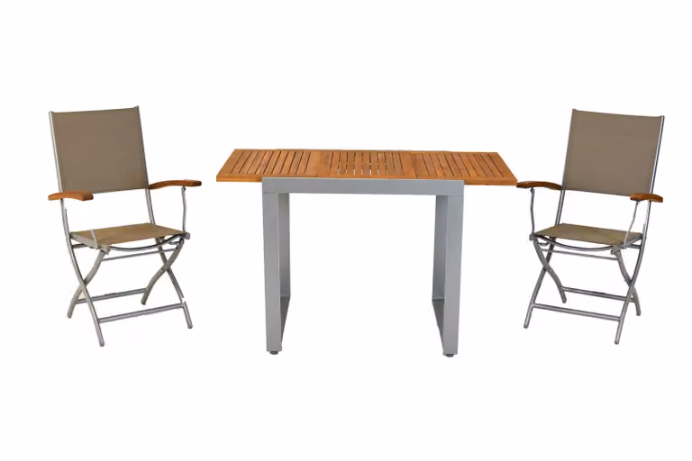 Set di mobili da giardino Merxx, 3 pezzi, set da balcone, 2 poltrone pieghevoli, tavolo da balcone allungabile 80 (120) x 70 cm - alluminio/tessuto/acacia