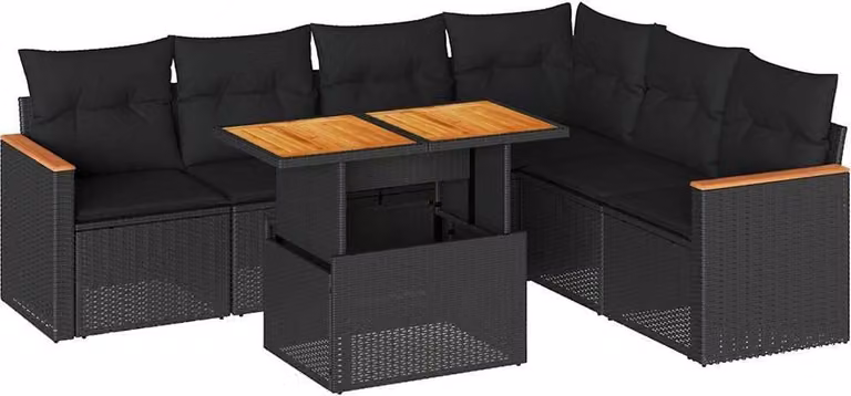 Set Divani da Giardino con Cuscini 7pz Nero Polyrattan Acacia