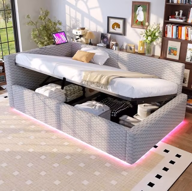 Letto imbottito multifunzione 90x200 cm in velluto grigio con contenitore; LED e porte USB