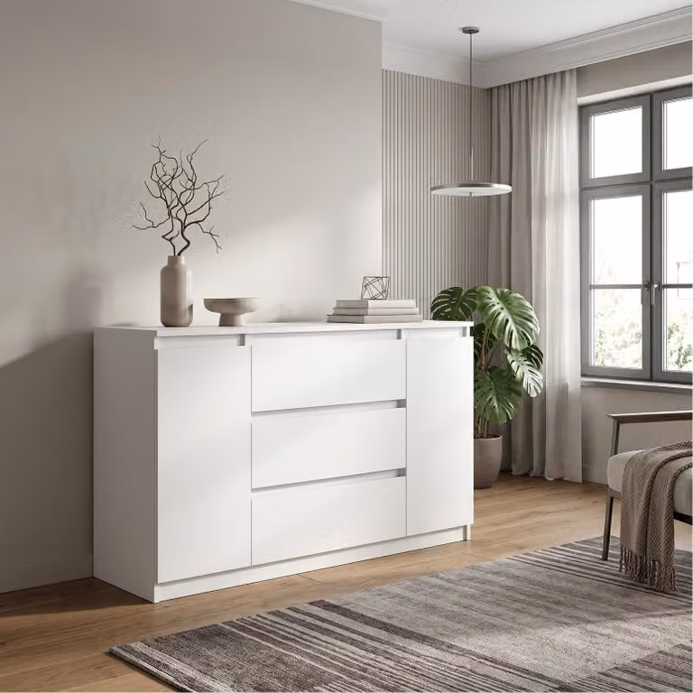 Comodà Masseno NUDO da 120 cm con 3 cassetti e 2 ante per soggiorno e camera da letto, stile moderno, 120x39x78,5 cm, bianco / bianco