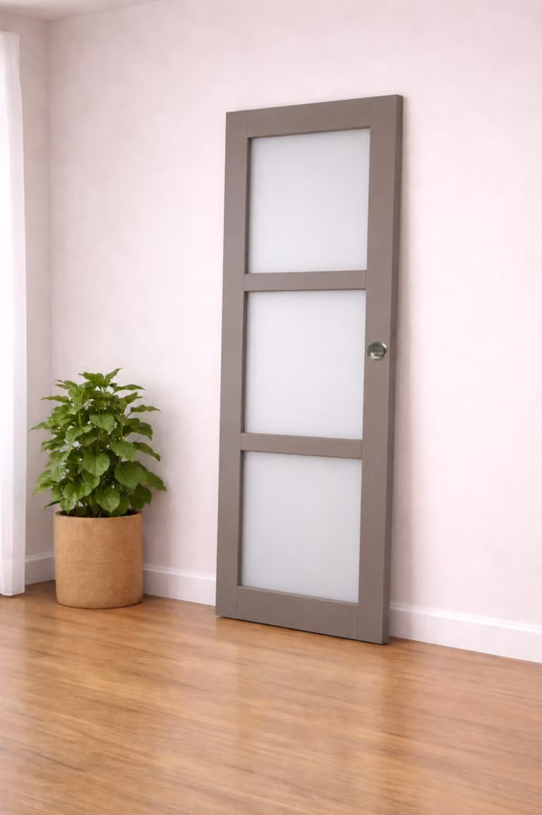 Porta scorrevole grigia beige con vetro H204 x L73 cm, conchiglie, maniglia a dito, GD MENUISERIES