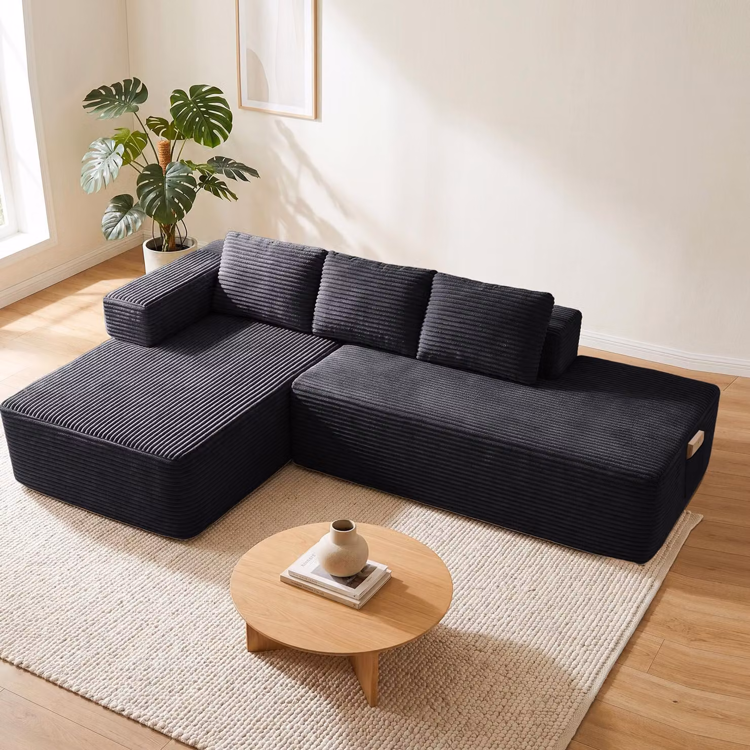Divano componibile modello Ecksofa, con funzione letto, 255 cm, rivestito in velluto. Divano modulare "Boneless" con chaise longue e struttura in metallo per lo schienale. Divano a L con funzione letto e struttura aperta