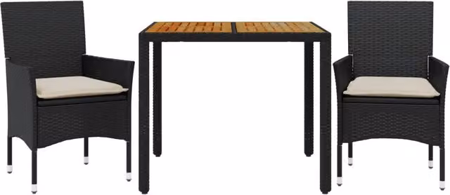 Set Pranzo da Giardino 3 pz | Set Salotto da Giardino con Cuscini Nero Polyrattan Acacia