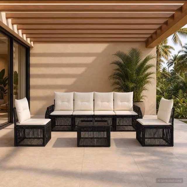 Set da giardino moderno vidaXL composto da 7 pezzi con divano a 3 posti, tavolino da caffè e cuscini in tessuto nero e bianco crema con struttura in metallo e rattan