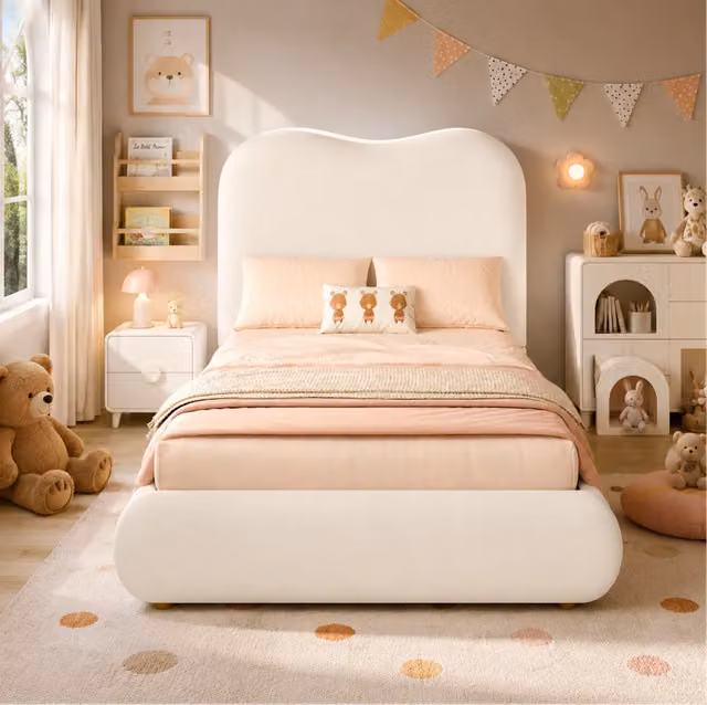 Letto singolo imbottito ULEVR 90x200 cm con contenitore idraulico e rete a doghe, velluto beige