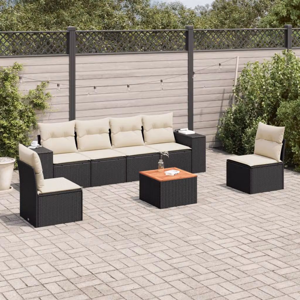 Set Divani da Giardino vidaXL in Polyrattan Nero con 7 Cuscini e Tavolino da Esterno – 1
