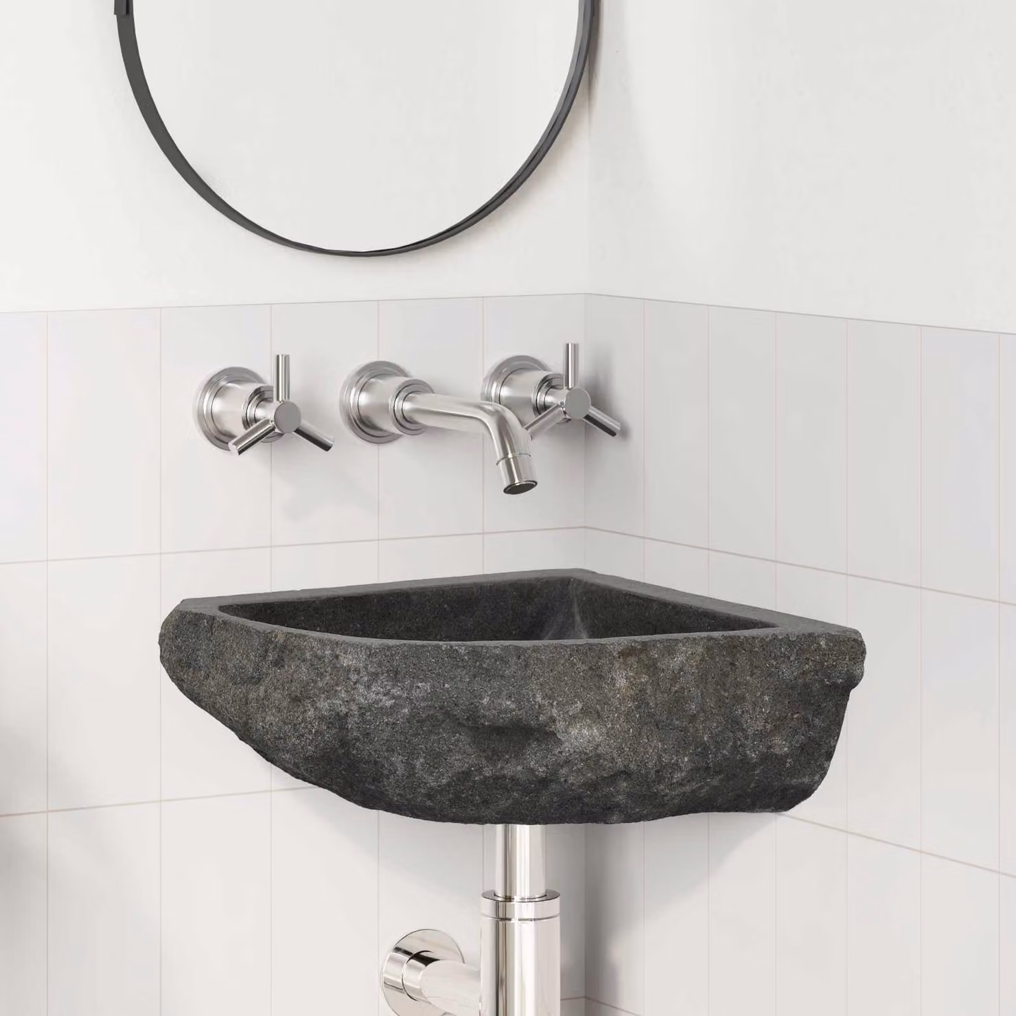 Lavabo da angolo in pietra naturale grigia vidaXL, L/P/H: 37 x 37 x 12 cm