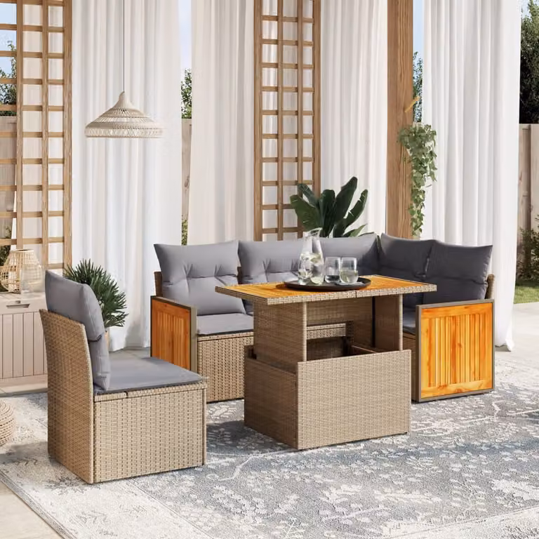 vidaXL Set Divano da Giardino a L 6 pz con Cuscini Beige e Tavolino da Caffè Moderno