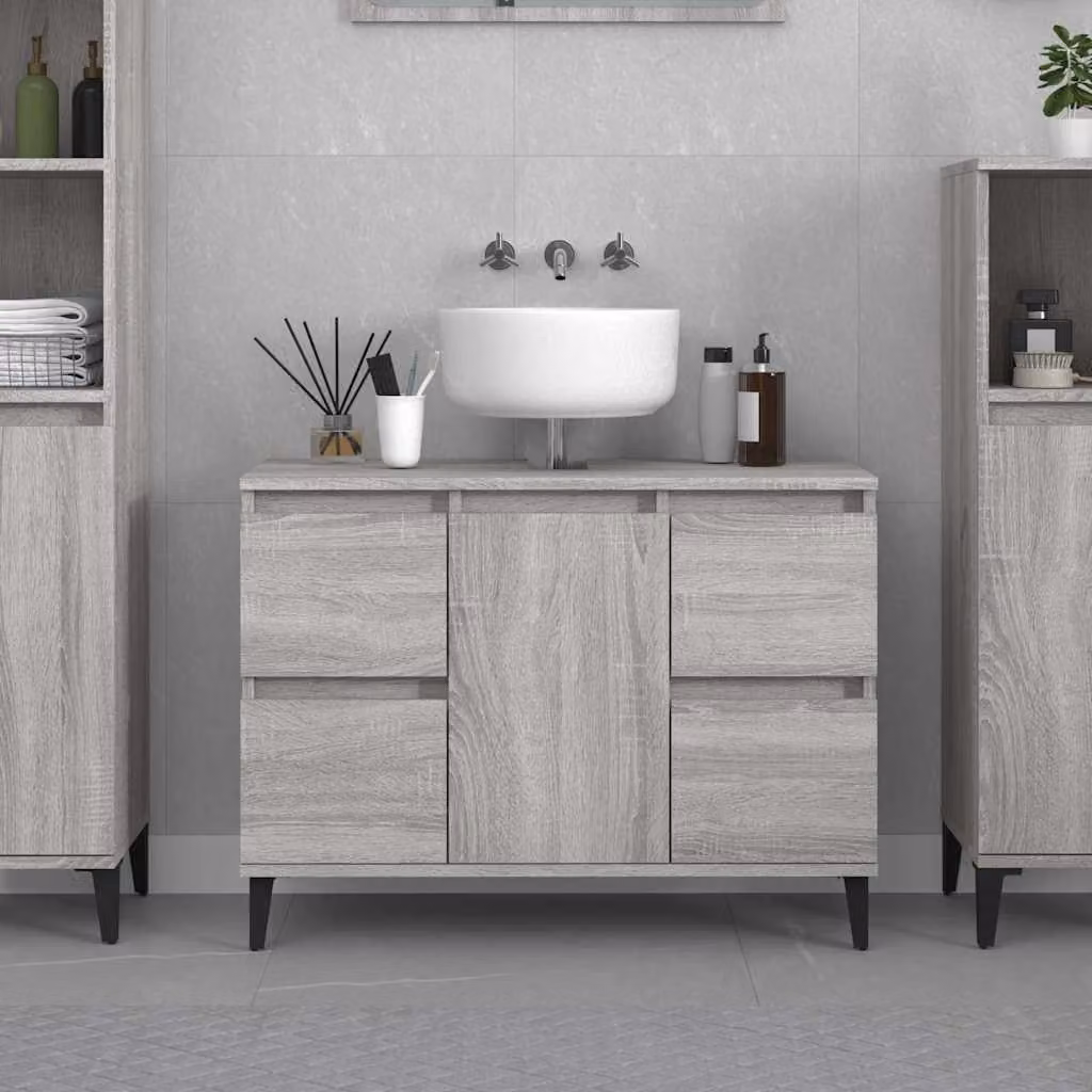 Mobile Lavabo Moderno vidaXL Grigio Sonoma in Legno Multistrato con Cassetti e Ante, L: 80 cm, P: 33 cm, H: 60 cm