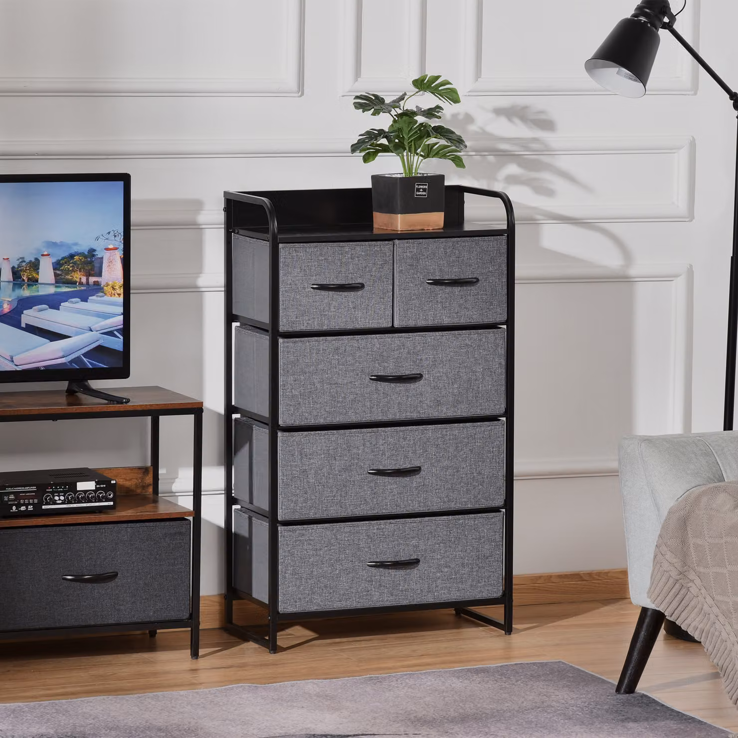HOMCOM Cassettiera Mobiletto da Rangement con 5 Cassetti Pieghevoli in Tessuto e Metallo, Grigio, L 58 x P 29 x H 99 cm – 2