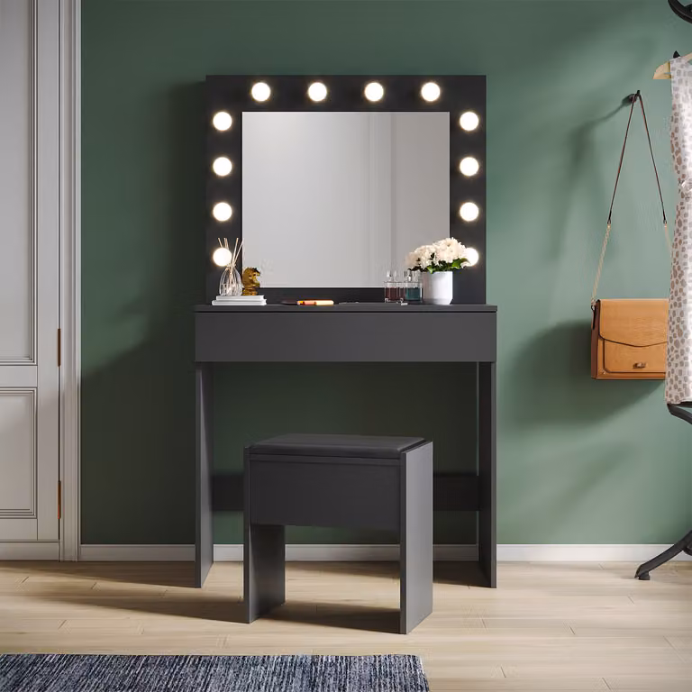 SONNI Tavolino da toilette nero con sgabello e illuminazione Tavolino da toilette con specchio, con cassetto, 80x40x140cm