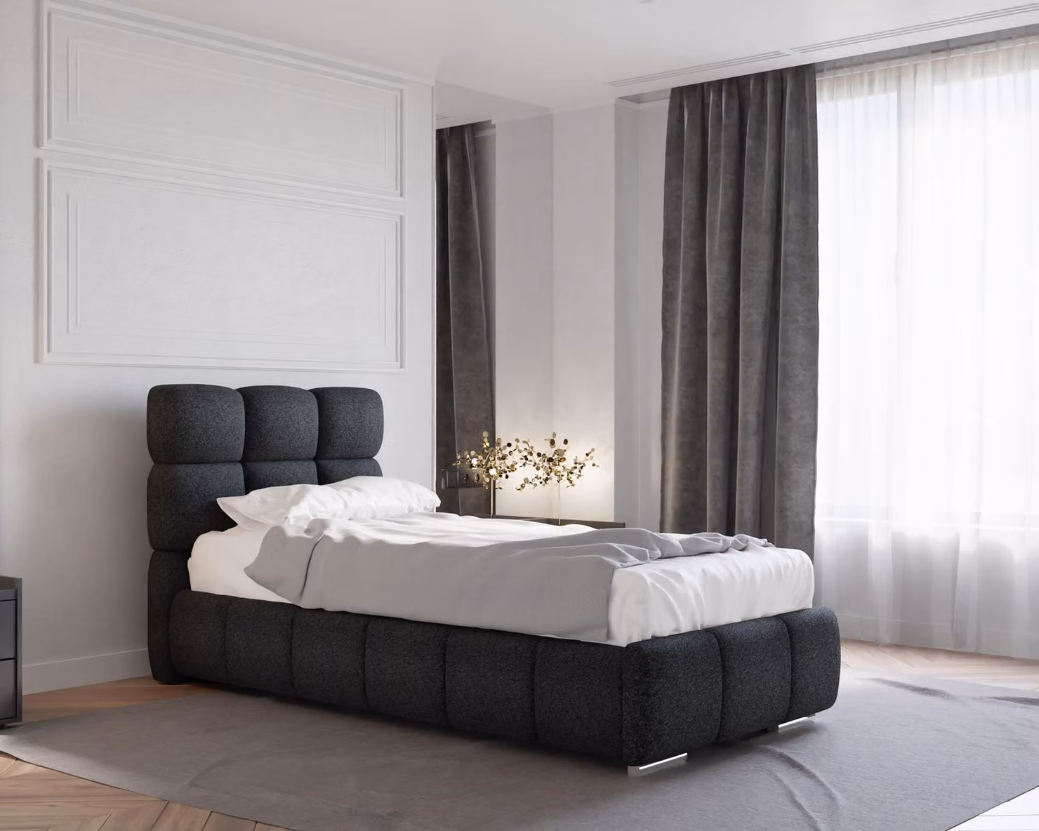 Letto imbottito BLISS con contenitore, con materasso a molle insacchettate