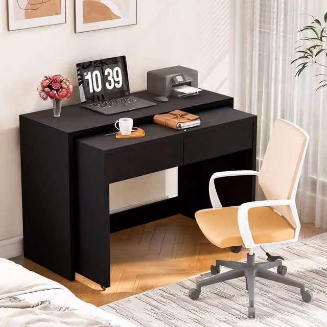 Scrivania regolabile in altezza Zephmum con comodino estraibile e ruote, colore nero, L: 110 cm, P: 40 cm, H: 78 cm