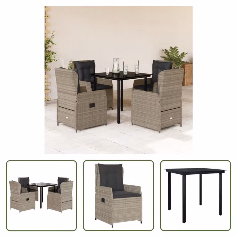 The Living Store Set da pranzo da giardino 5 pezzi con cuscini in rattan grigio chiaro