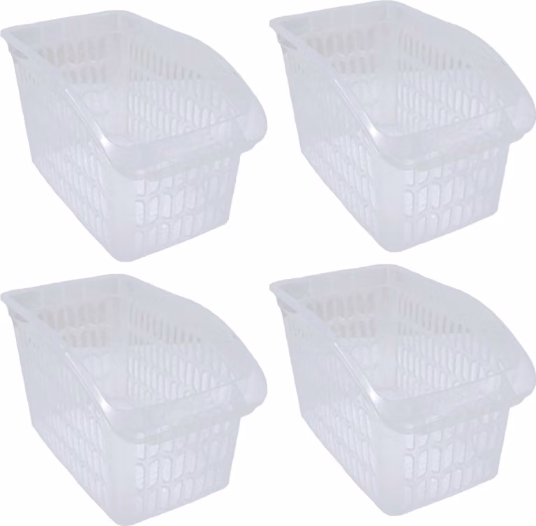 Set di 4 contenitori trasparenti per l'organizzazione, dimensioni 17,5 x 29 x 17,5 cm. Ideali per armadi, scaffali e come scatole portaoggetti. Realizzati in plastica