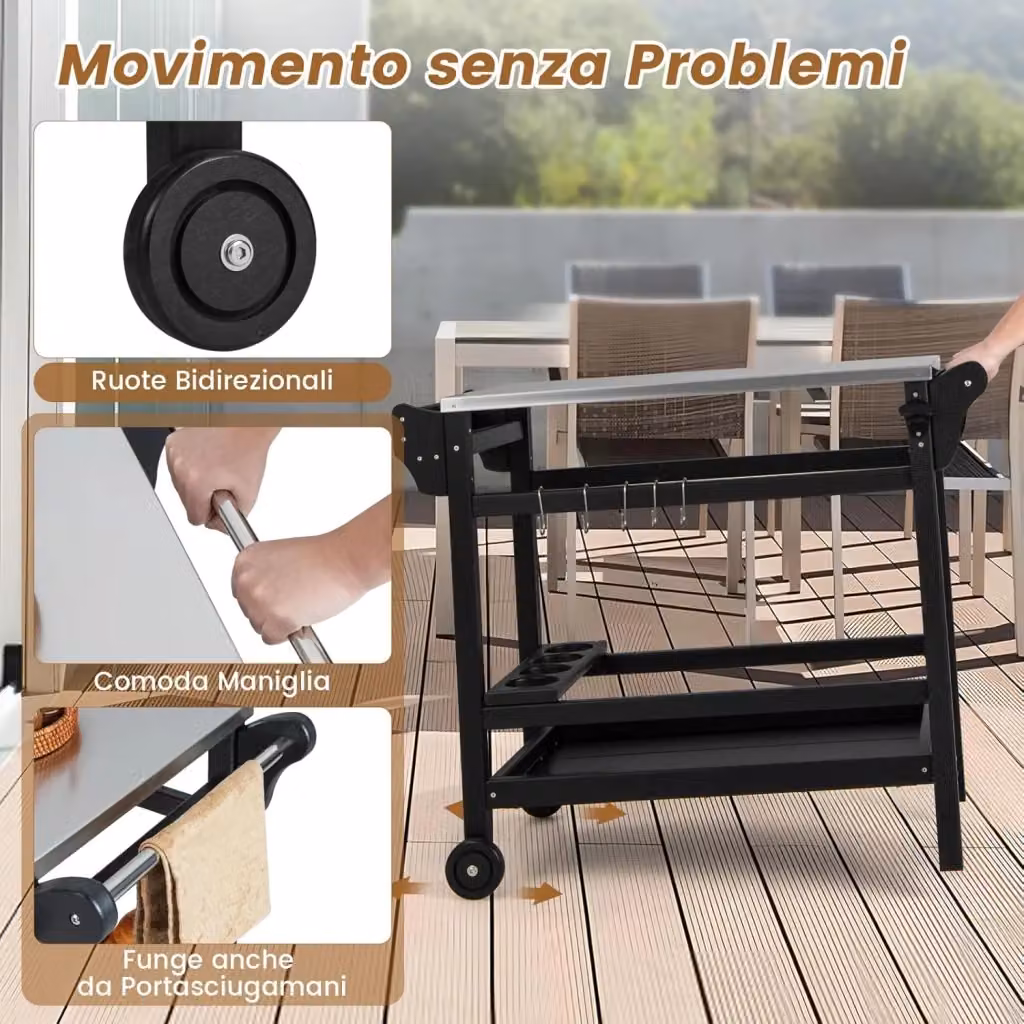 Carrello Barbecue da Esterno Costway con Piano in Acciaio Inox, Stand per Forno a Pizza e Tavolo da Preparazione con Ruote, Colore Nero – 2