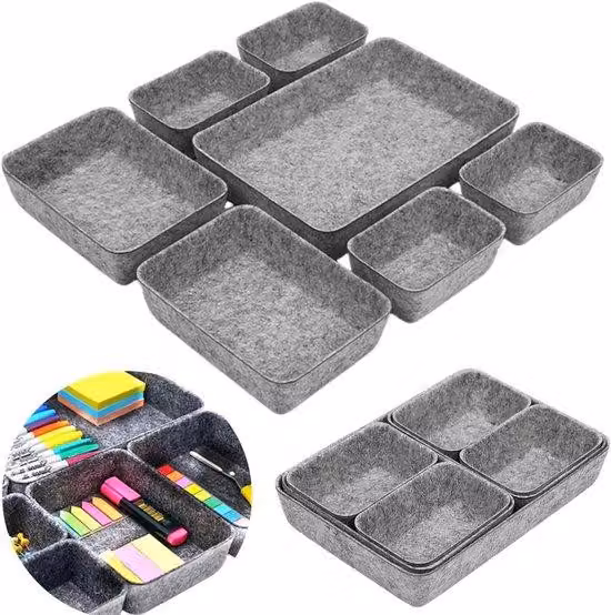 Set di 7 contenitori, scatole portaoggetti, feltro, 3 misure, ufficio, bagno, toeletta