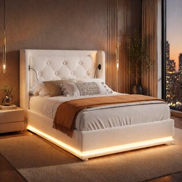 Letto singolo imbottito 90x200 cm beige in cotone con contenitore idraulico, testiera con ricarica USB Tipo-C e illuminazione LED a 3 lati (con materasso)