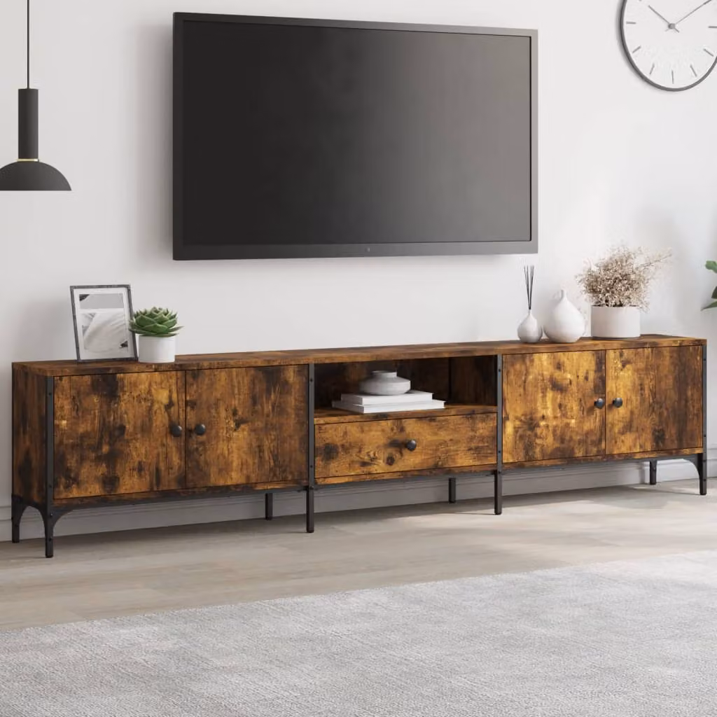 vidaXL Mobile TV con Cassetto in Rovere Fumo Marrone L: 200 cm, P: 25 cm, H: 44 cm – 1