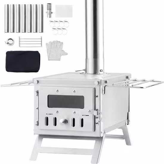 Piastrella per tenda da campeggio in acciaio inossidabile da 80 pollici, piastrella in legno portatile con focolare da 700 pollici cubi, 8 tubi per il camino e guanti, ideale per cucinare e riscaldare all'aperto.