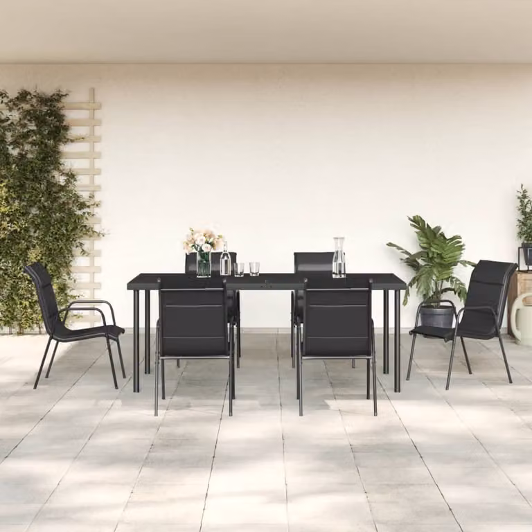 Set da pranzo da giardino vidaXL in 7 pezzi con tavolo rettangolare in vetro e sedie in acciaio antracite e nero