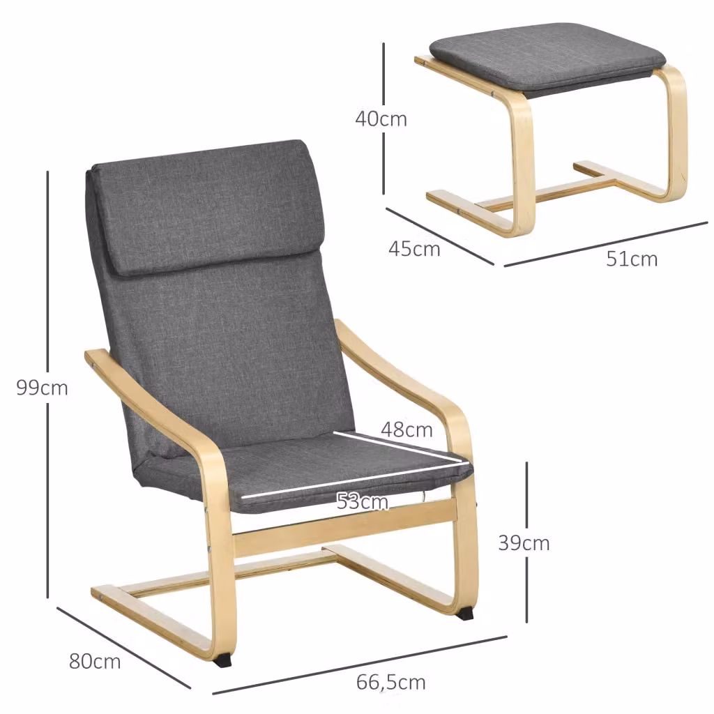 Poltrona relax reclinabile WISHDOR con poggiapiedi, rivestimento in tessuto grigio e struttura in legno massiccio, ideale per soggiorno e camera da letto – 2