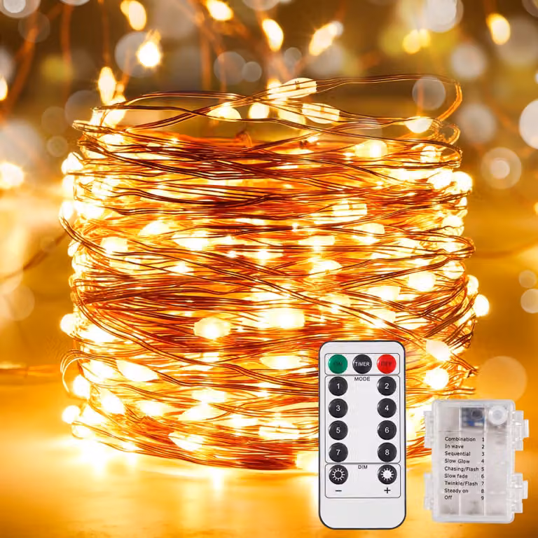 Catena luminosa a LED, 10 metri, 100 LED bianco caldo, alimentazione a batteria, con telecomando