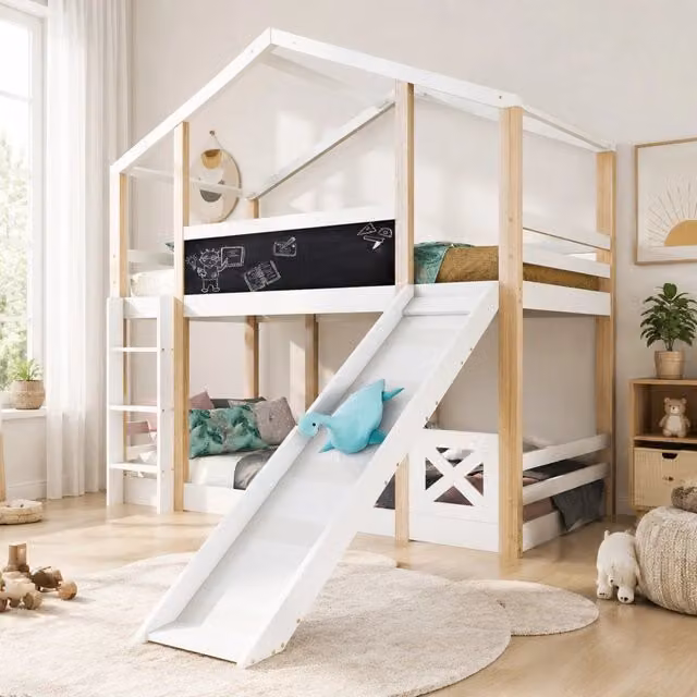 Letto a soppalco ULEVR 90x200 cm con scivolo rimovibile, scala e lavagna, bianco