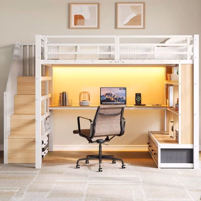 Letto a soppalco 140×200 cm con scrivania, ripiani, 2 cassetti, scala contenitore e LED, senza materasso, bianco