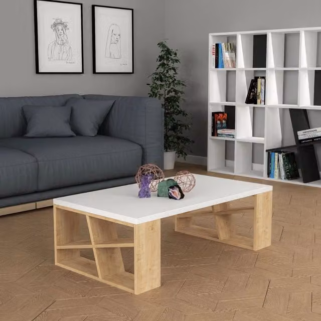 Tavolino da soggiorno rettangolare GIORDANOSHOP in MDF con finitura rovere e bianco, L: 126 cm, P: 60 cm, H: 40 cm