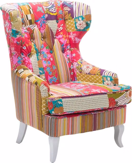 Poltrona Wingback Poltrona Patchwork Tessuto Multicolore base rosa Gambe in Legno capitonné