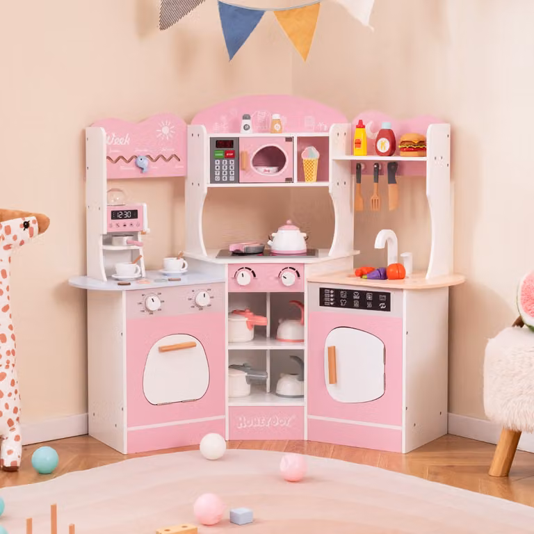 Cucina giocattolo angolare in legno Costway con macchina del caffè, set con luci e suoni per bambini, colore rosa